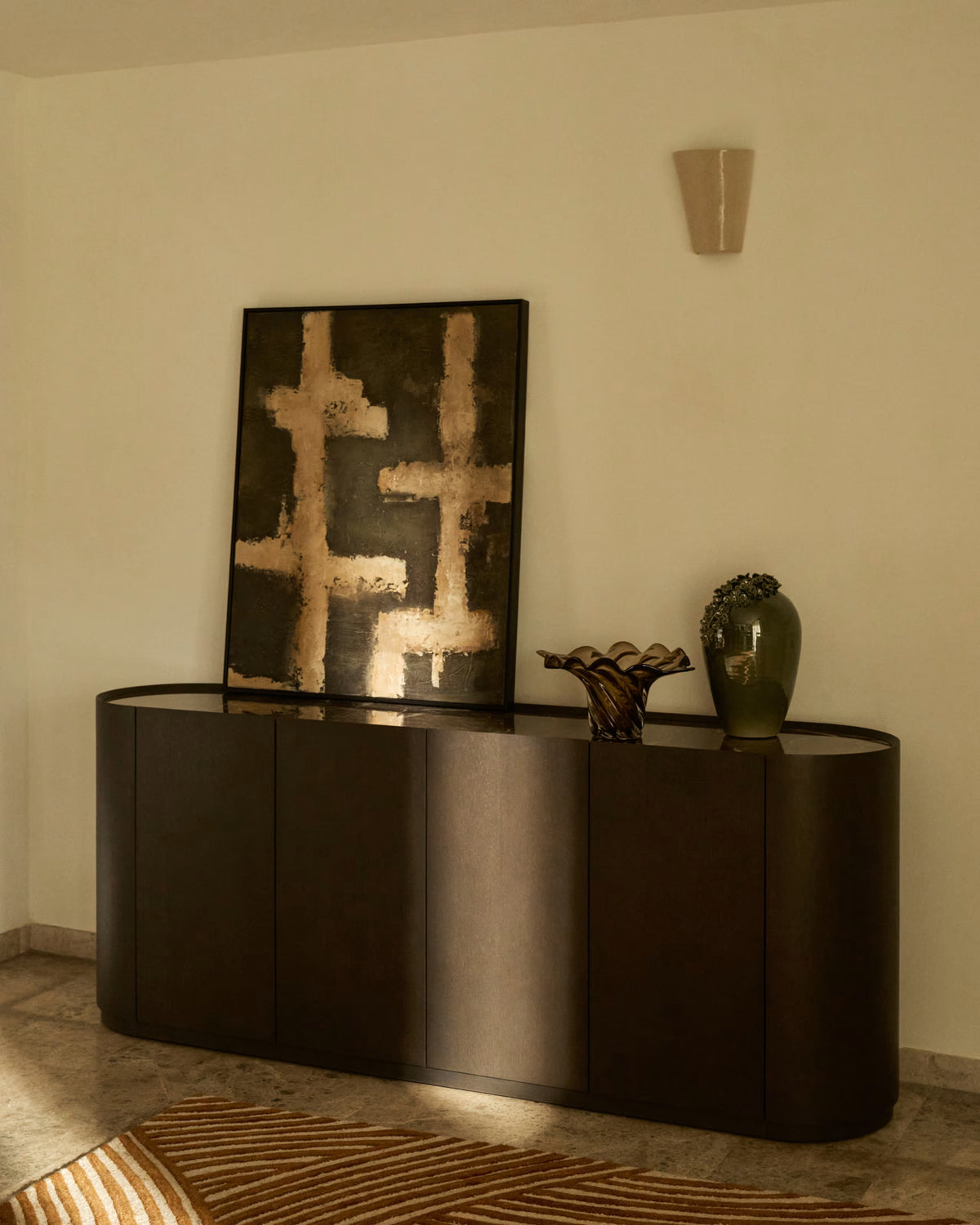 Nemore 4-door oak veneer sideboard with Emperador marble-effect ceramic top, FSC Mix Credit, 200 x 45 cm