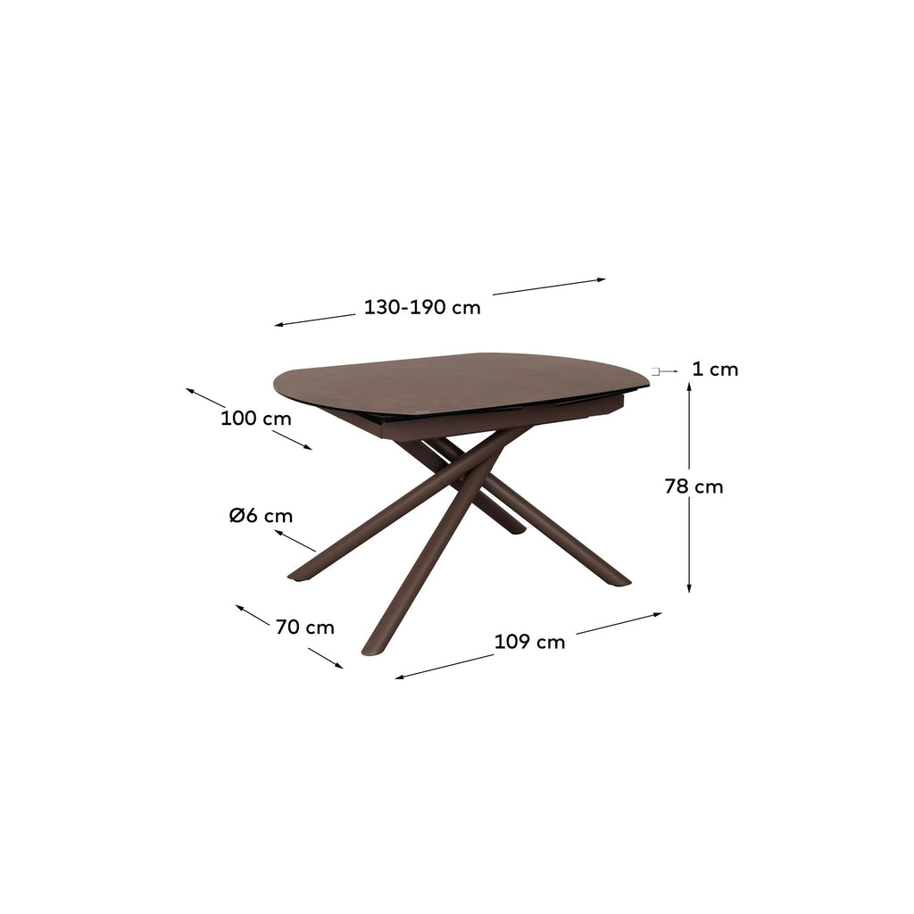 Yodalia extendable table, porcelain and steel legs with brown finish, 130 (190) x 100 cm