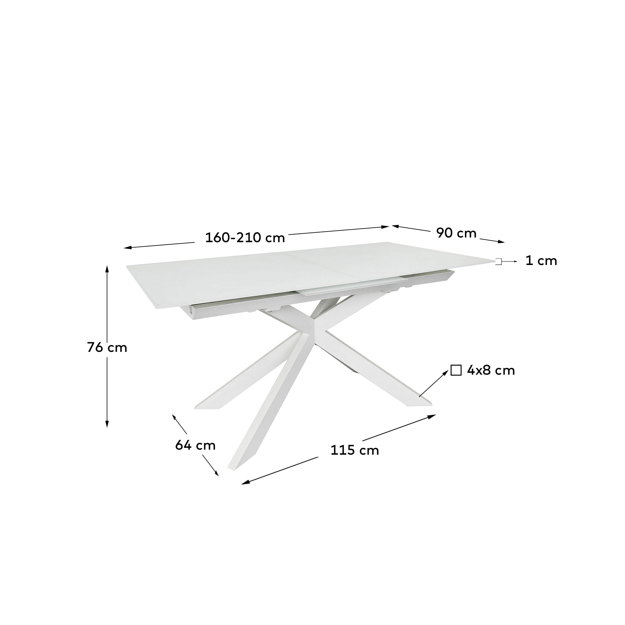 Atminda rasklopivi sto od stakla i MDF-a sa čeličnim nogama u beloj boji, 160 (210) x 90 cm