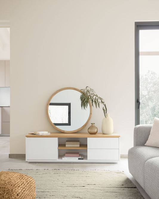 Abilen stalak za tV od furnira hrastovog drveta sa 1 vratima i 2 fioke u belom laku, 150 x 44 cm FSC 100%