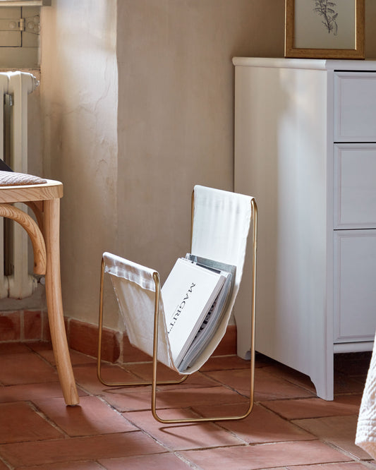 Siana beige magazine rack in gold metal