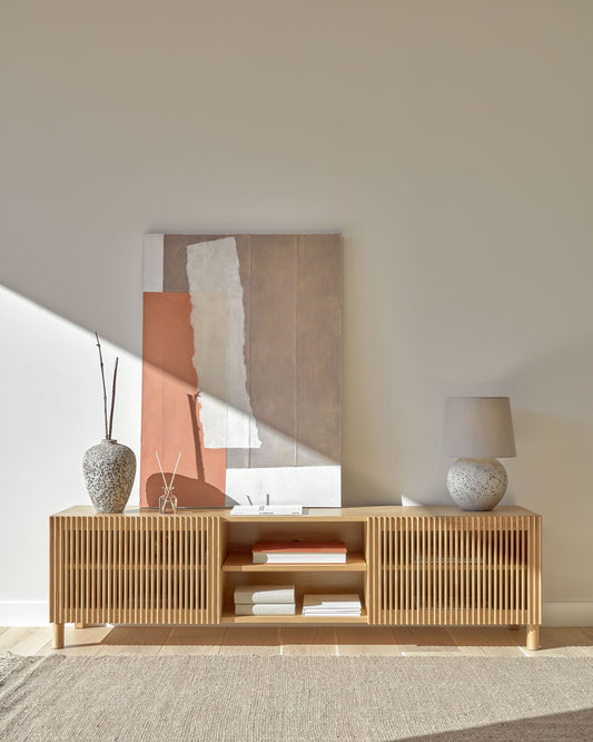 Beyla TV komoda sa 2 vrata od masivnog jasenovog drveta i hrastovog furnira, 180 x 49.5 cm, FSC 100%
