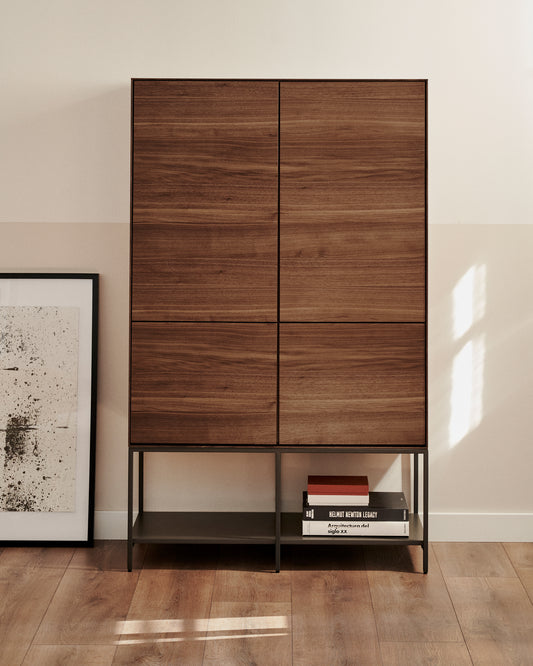 Vedrana 4 door tall sideboard in walnut veneer with steel legs, 97.5 x 160 cm