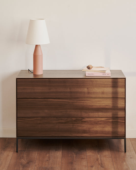 Vedrana 3 drawer chest of drawers in walnut veneer with black steel legs, 110 x 75 cm