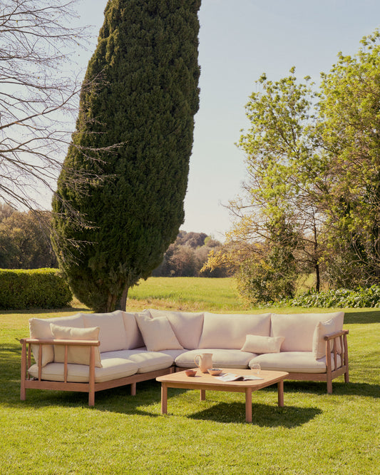 Sacova set, ugaona sofa sa 5 sedišta i sto za kafu od punog drveta eukaliptusa