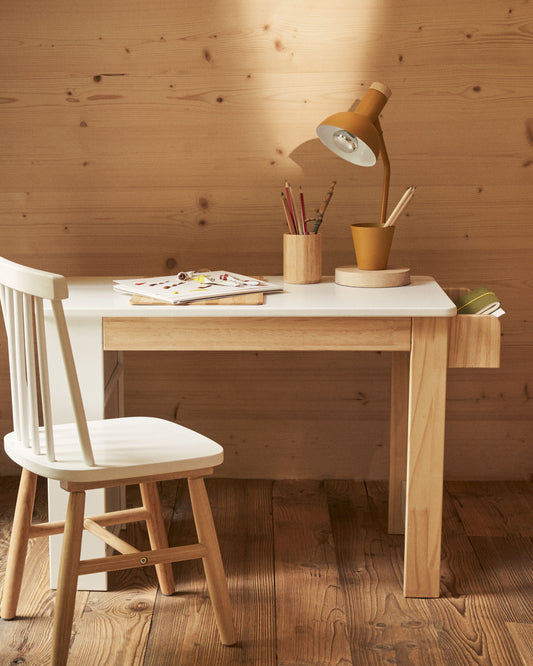 Serwa desk made of white MDF with solid pine legs and details