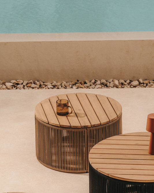 Dandara stočić od čelika, bež gajtana i punog bagremovog drveta, Ø60 cm FSC 100%