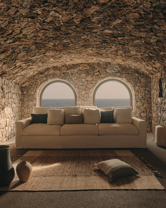 Nora 4-seater sofa with removable cover with linen and cotton cushions in taupe 340cm