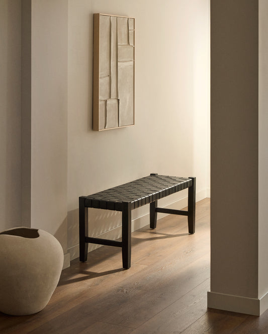 Calixta klupa od kože i masivnog drveta mahagonija sa crnom završnom obradom 120 cm