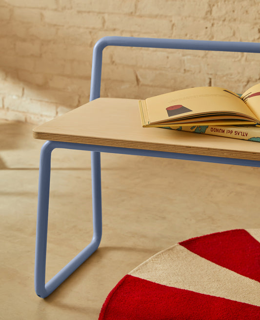 Tinn klupa od furnira sa plavom metalnom konstrukcijom, 75 cm