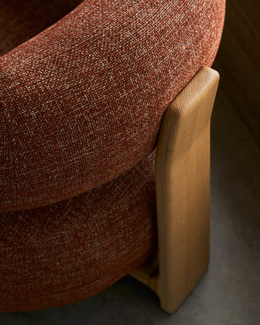 Granite terracotta chenille armchair with solid ash wood legs in a natural tone finish FSC 100%