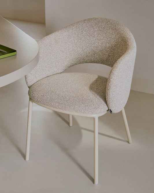 Maina chair in thick beige chenille and steel legs in a beige finish, FSC Mix Credit