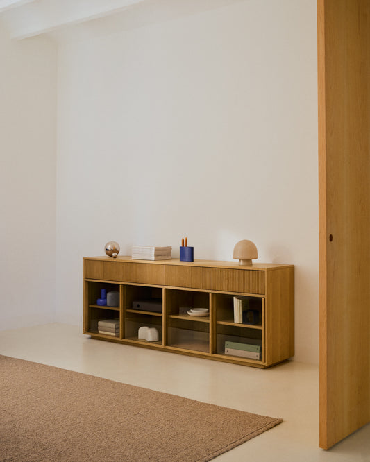 Helvine sideboard 4 doors and 4 drawers oak veneer and tempered glass, 200 x 80cm FSC 100%