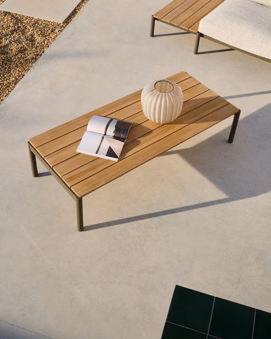 Sorells coffee table in green aluminum and teak wood 63 x 144,6 cm FSC 100%  