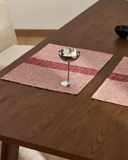 Calena Set of 2 Linen Jacquard Placemats with Red Center Stripe 35 x 50 cm