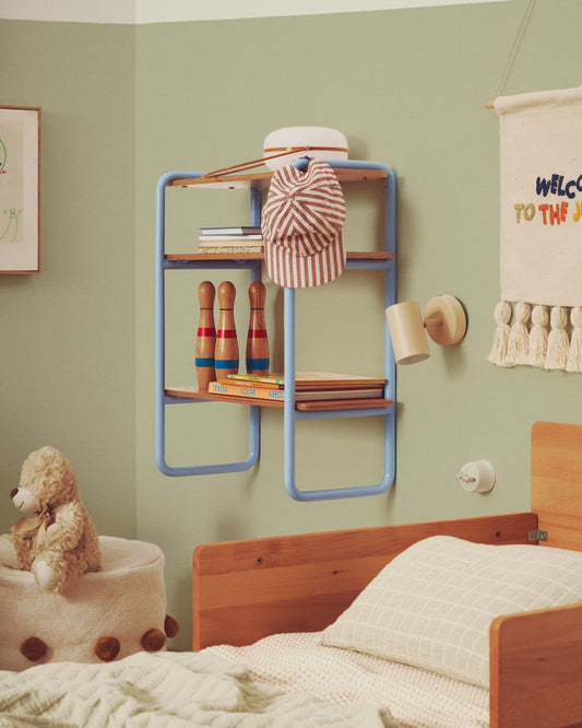 Polica od furnira od kalaja sa plavom metalnom konstrukcijom, 70 x 60 cm