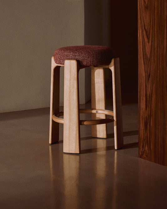 Granite fire-retardant stool in terracotta chenille and solid ash wood with natural finish FSC 100% 65 cm