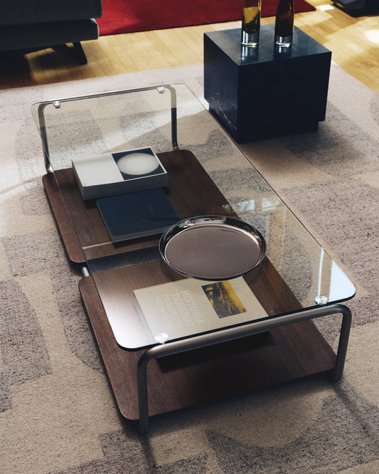 Tarsel coffee table in tempered glass with walnut veneer tray with brushed stainless steel structure 140 x 60 cm FSC 100%