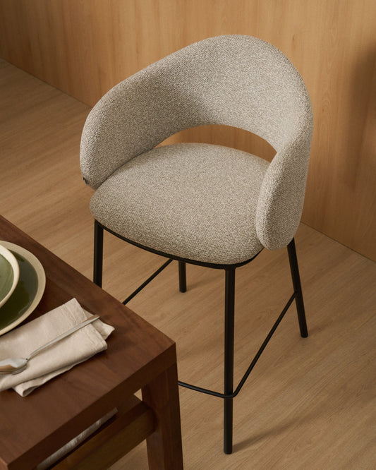 Maina stool in thick beige chenille with steel legs in a black finish, FSC Mix Credit, 65 cm