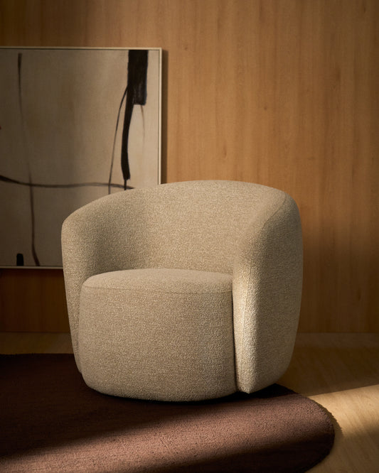 Odenia swivel armchair in beige micro bouclé
