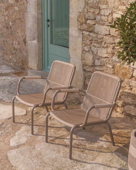 Salis stackable armchair in taupe aluminium and beige synthetic rope cord