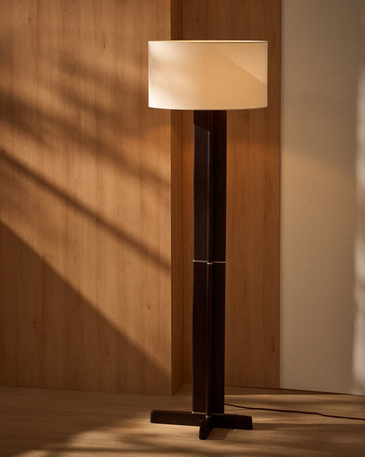 Niani podna lampa od drveta gumenog drveta u tamnoj završnoj obradi sa pamučnim abažurom boje slonovače