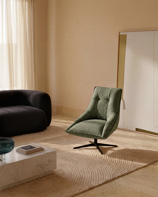 Dirala swivel armchair in green chenille and steel with black finish FSC 100%