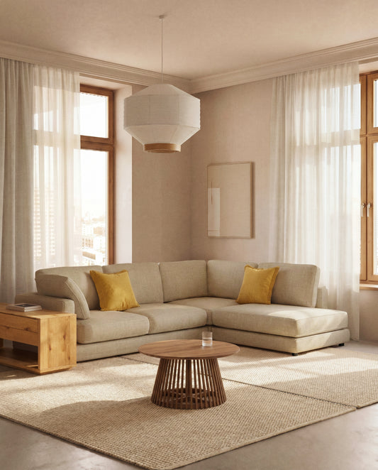 Gala 5-seater corner sofa with end module left side in beige chenille FSC Mix Credit 225 x 300cm