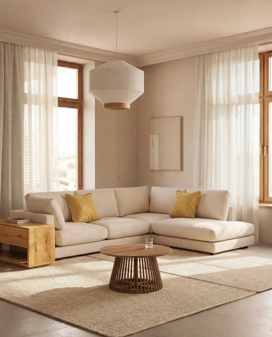 Ugaona sofa Gala 5 mesta sa desnim terminalom od šenila bež FSC Mix Credit 300 x 225 cm