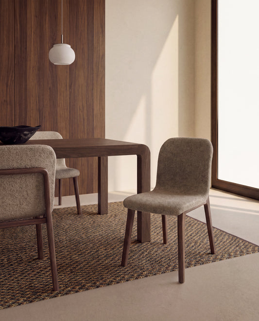 Elnor chair in brown chenille with solid oak wood legs in a walnut finish