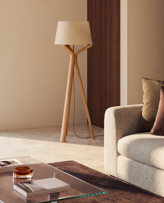 Ubira floor lamp in ash wood and linen lampshade