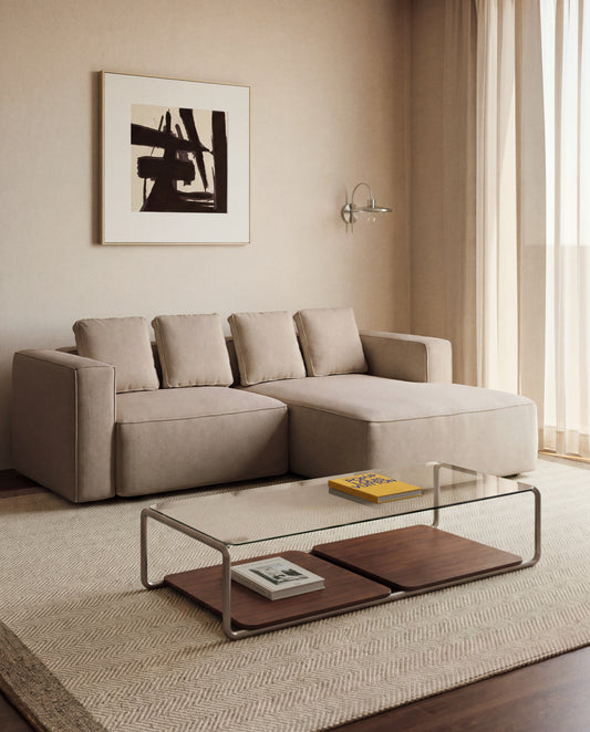 Tarsel coffee table in tempered glass with walnut veneer tray with brushed stainless steel structure 140 x 60 cm FSC 100%