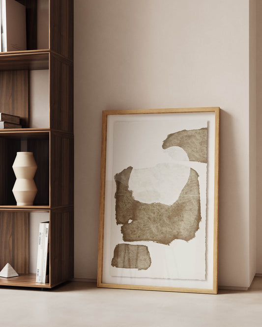 torroella apstraktna slika u beloj i braon boji, 60 x 90 cm