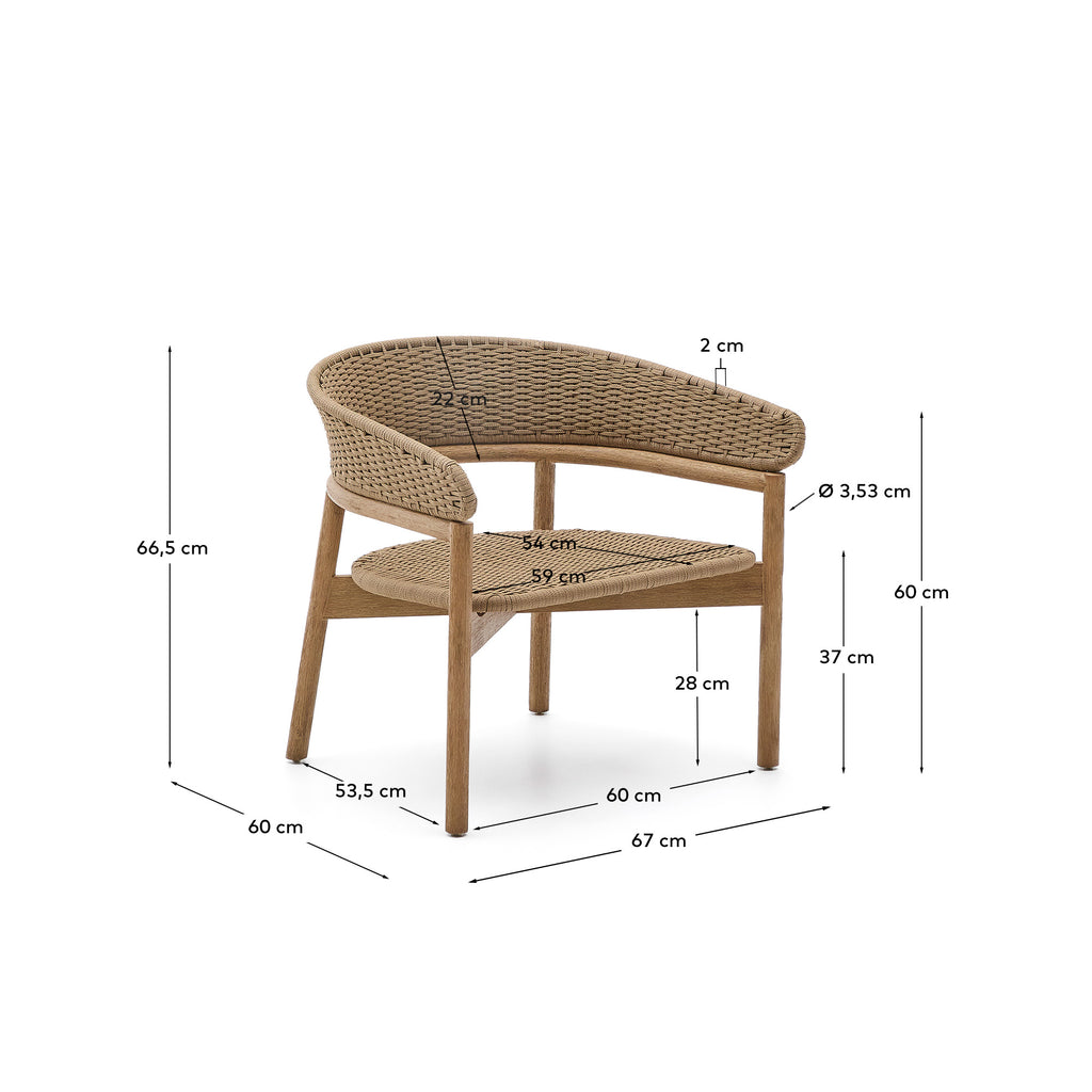 Arinella fotelja od FSC 100% punog bagremovog drveta sa prirodnom završnom obradom i bež konopcem