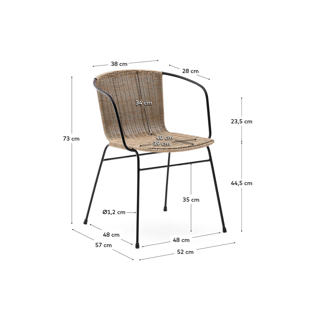 Eltiera stackable chair in synthetic rattan with black steel frame and armrests