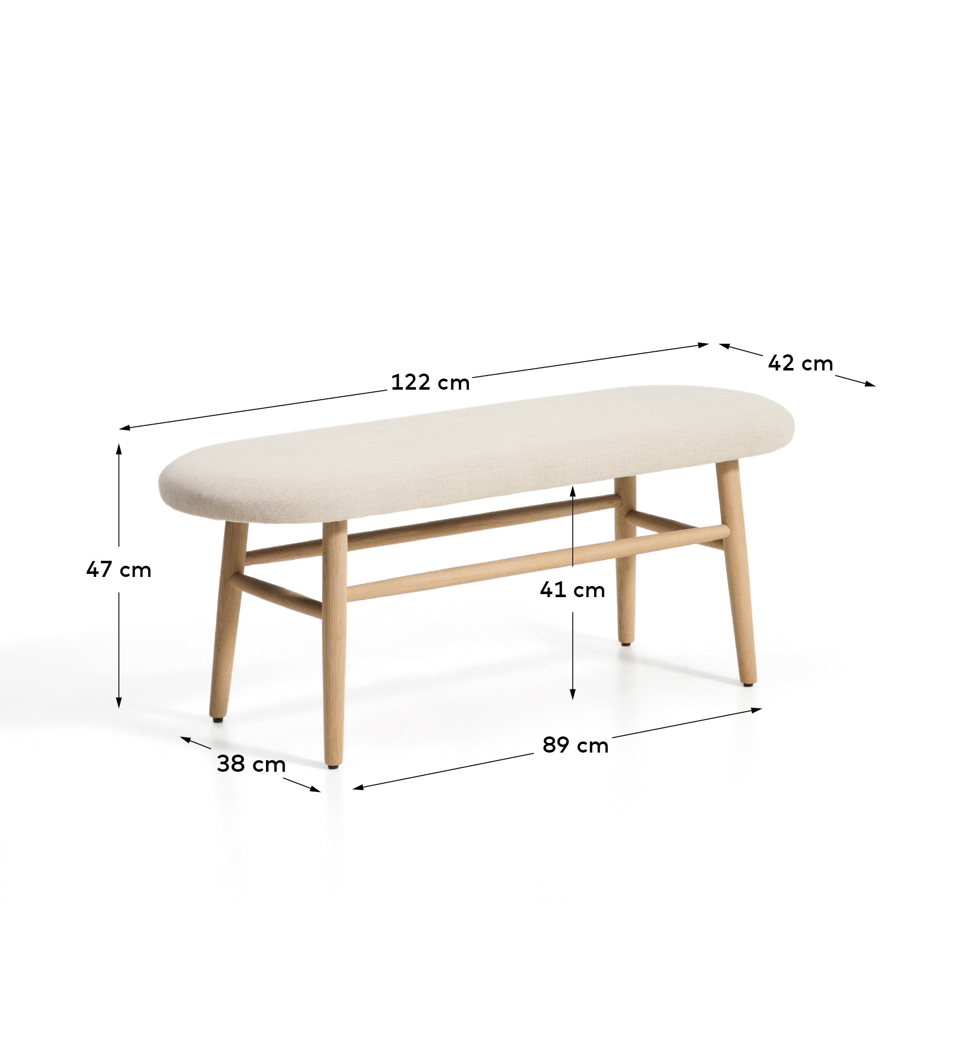 Helda bench in beige chenille and solid oak wood FSC Mix Credit 122 cm 