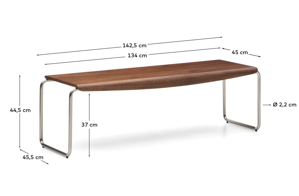 Tarsel bench in walnut veneer with brushed stainless steel legs 142 cm