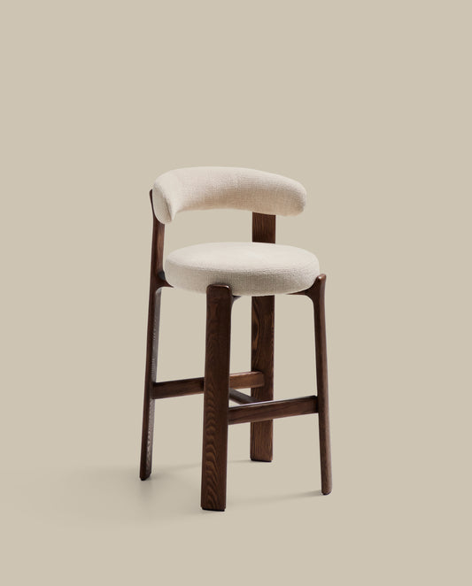 Granite stool in beige chenille and solid ash wood with walnut-coloured finish FSC 100% 75cm