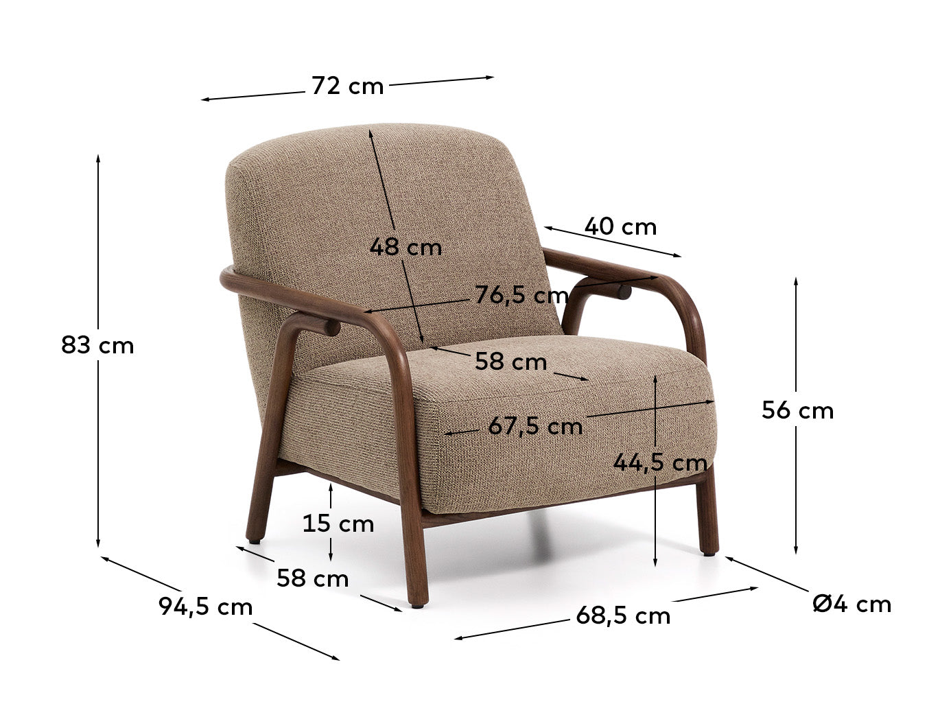 Sylo armchair in taupe chenille and solid ash wood with walnut-coloured finish FSC 100%