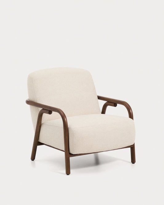 Sylo armchair in beige chenille and solid ash wood with walnut-coloured finish FSC 100%