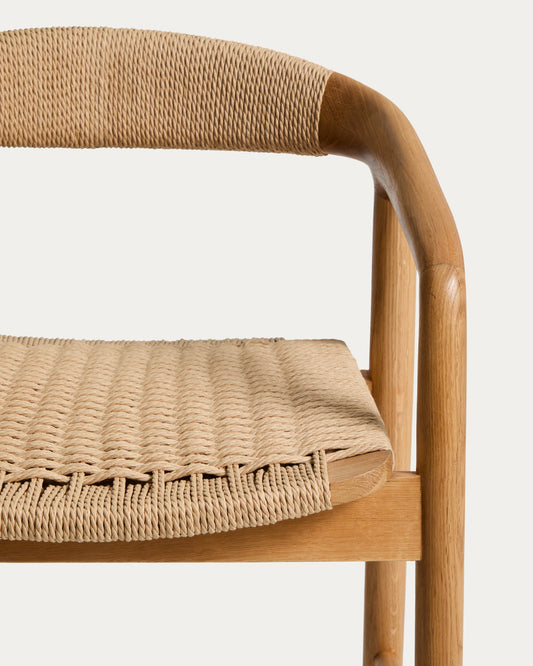 Derile bar stool in solid oak wood with natural shade finish and beige paper braid FSC 100% 65 cm