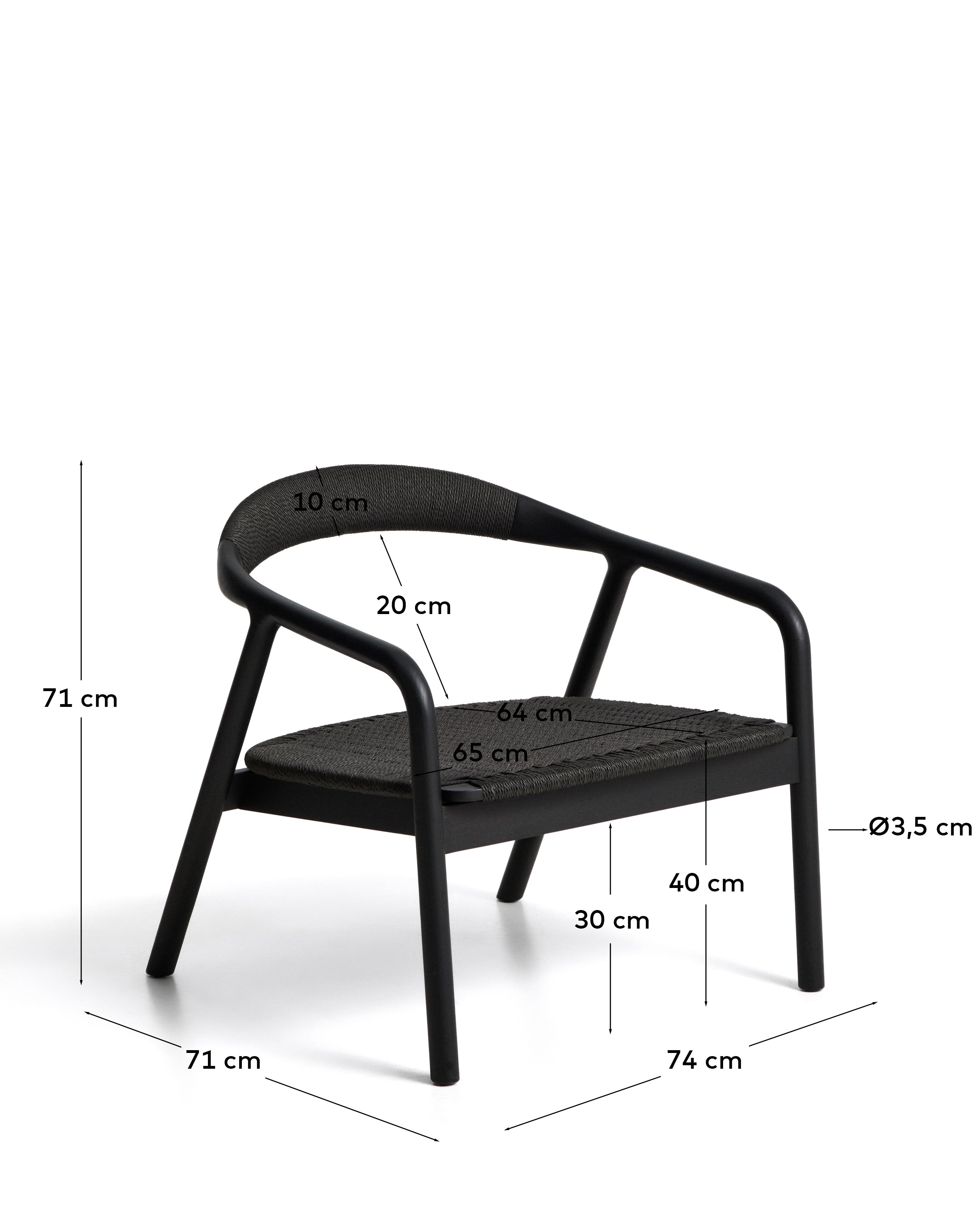 Derile armchair in solid oak wood with black finish and black paper rope FSC Mix Credit.