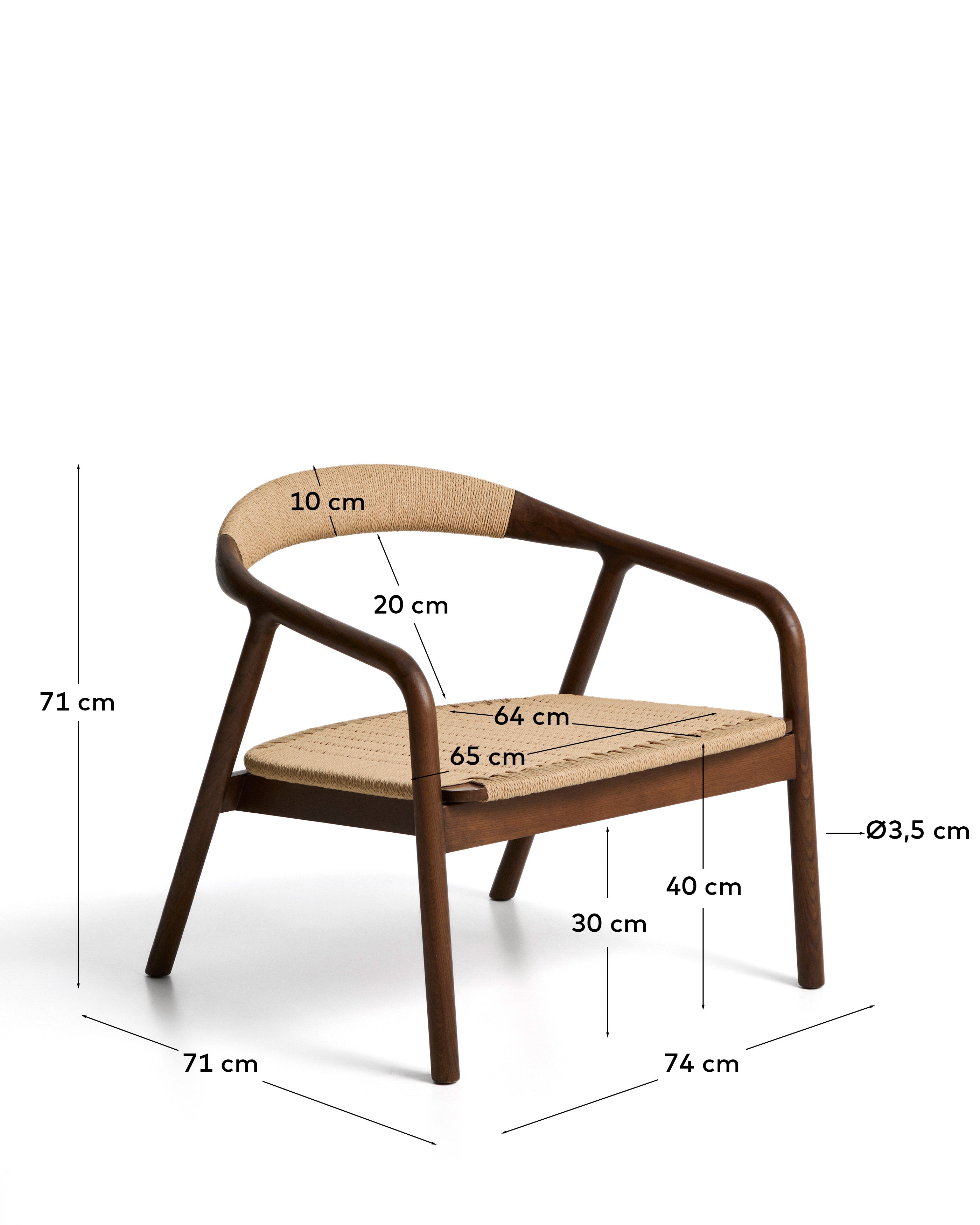 Derile armchair in solid oak wood with walnut finish and beige paper rope cord FSC Mix Credit