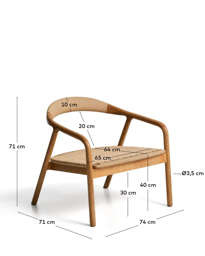 Derile armchair in solid oak wood, natural shade finish and beige paper braid, FSC 100%