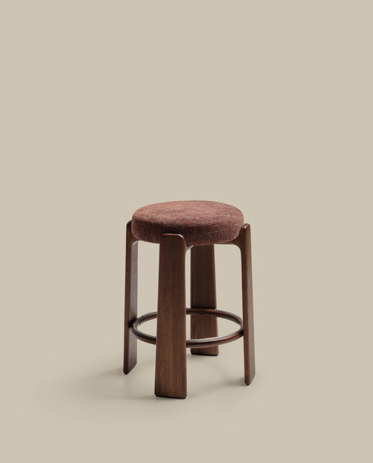 Granite fire-retardant stool in brown chenille and solid ash wood with walnut-coloured finish FSC 100% 65cm