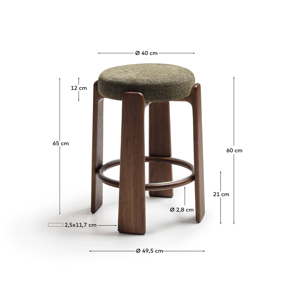 Granite fire-retardant stool in green chenille and solid ash wood with walnut-coloured finish FSC 100% 65cm