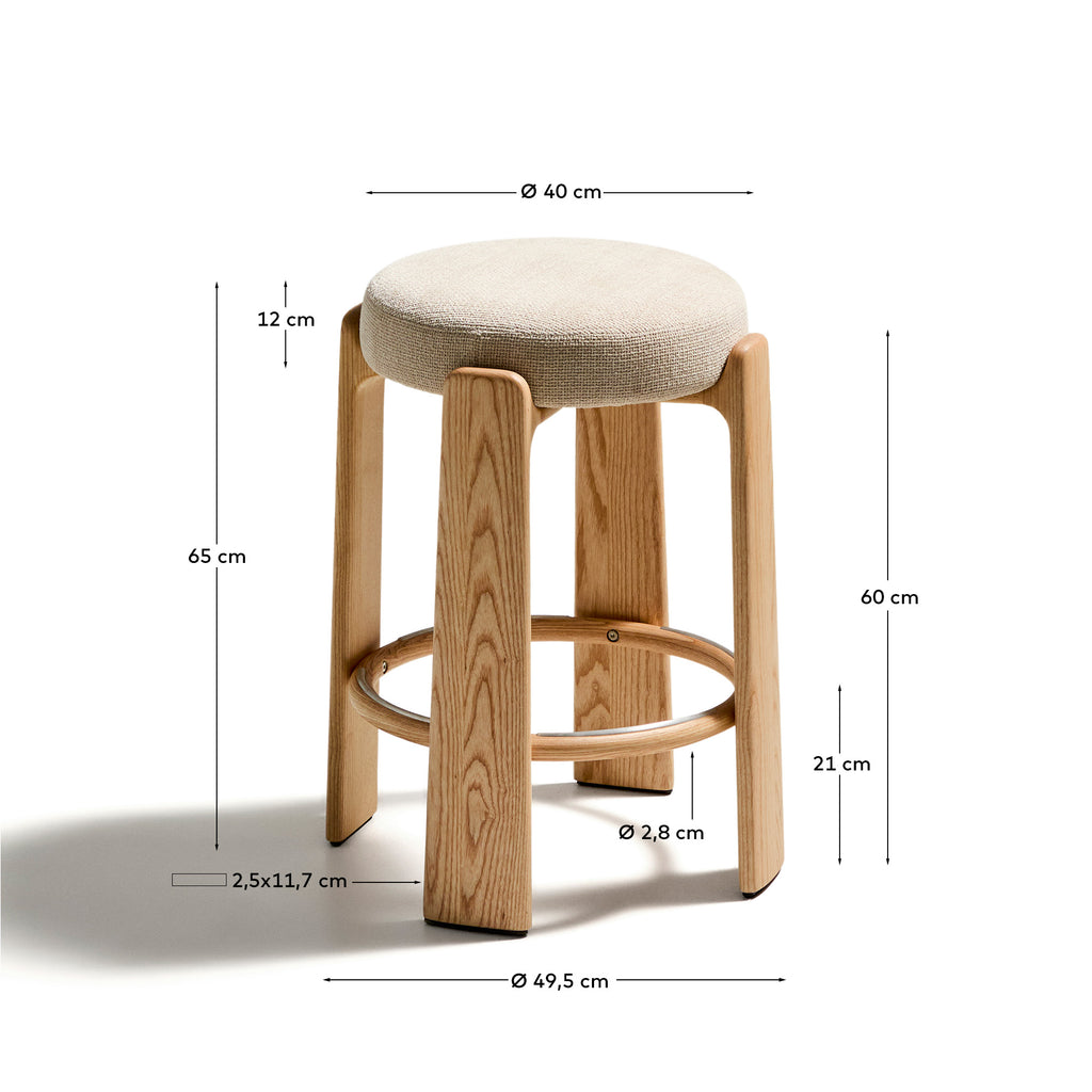 Granite fire-retardant stool in beige chenille and solid ash wood with natural-coloured finish FSC 100% 65cm
