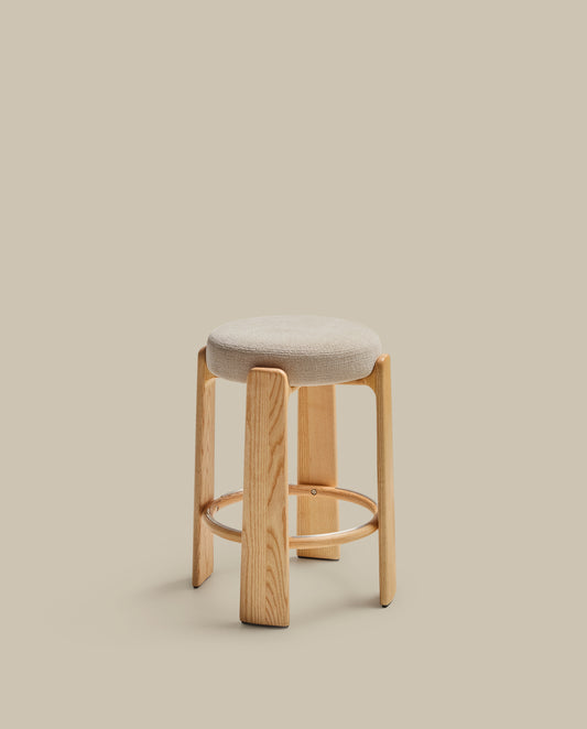 Granite stool in beige chenille and solid ash wood with natural tone finish FSC 100% 65cm