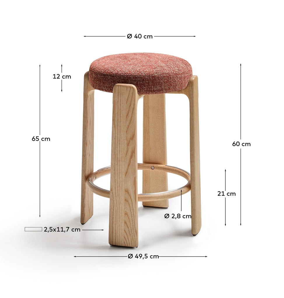 Granite fire-retardant stool in terracotta chenille and solid ash wood with natural finish FSC 100% 65 cm