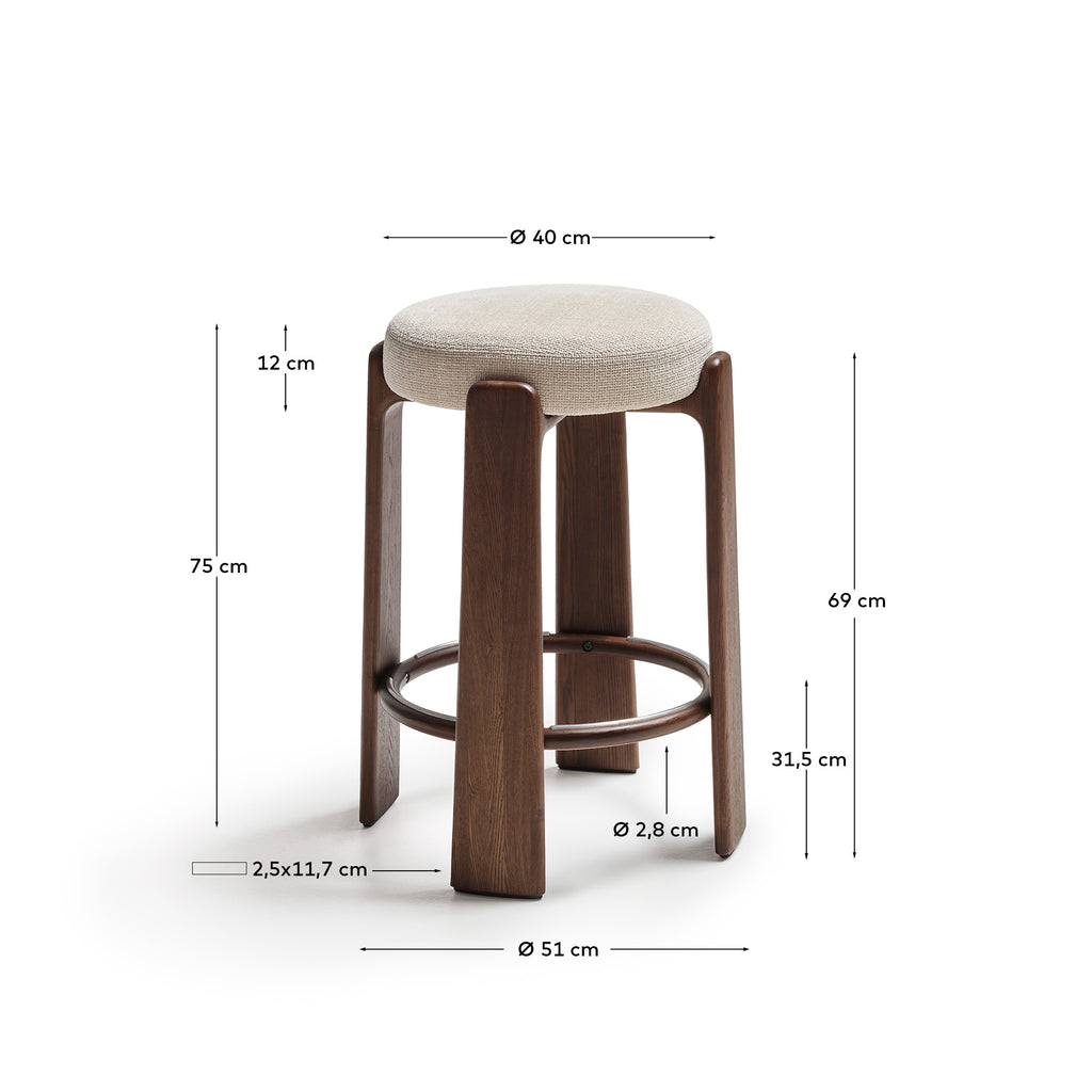 Granite fire-retardant stool in beige chenille and solid ash wood with walnut-coloured finish FSC 100% 75cm